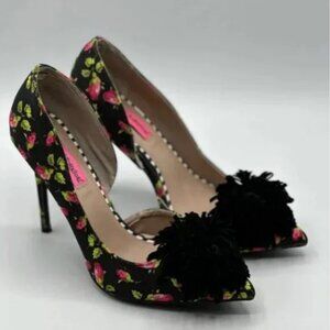 Betsey Johnson Hallye Floral Stiletto Heels with Poms Size 6.5